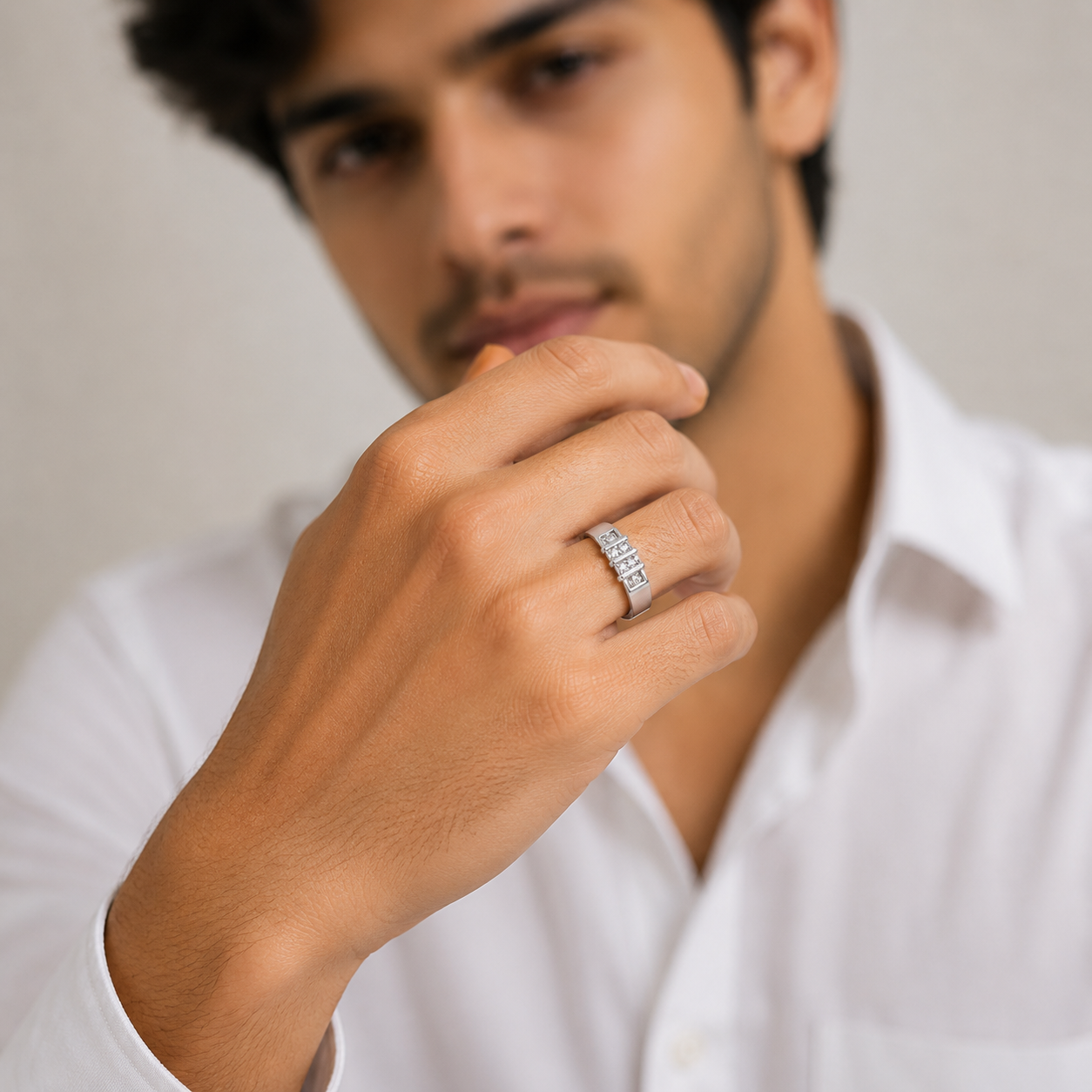 Stepped triple block mens band ring in silver