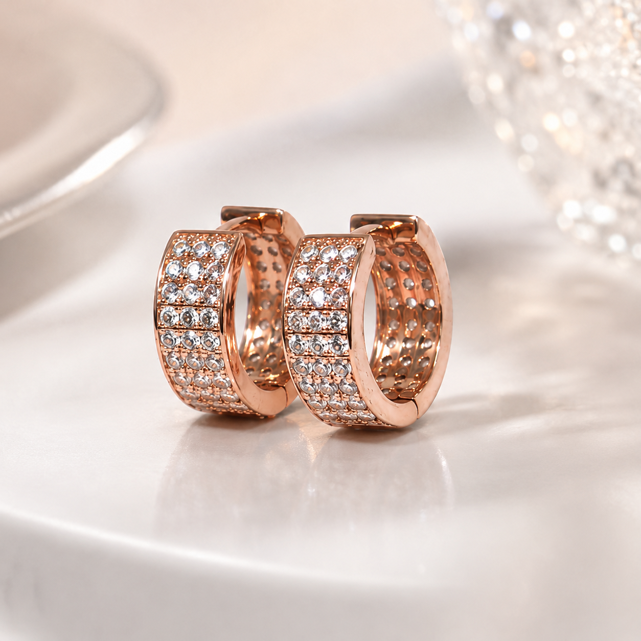 Silver Triple Row Pave Huggie Earrings