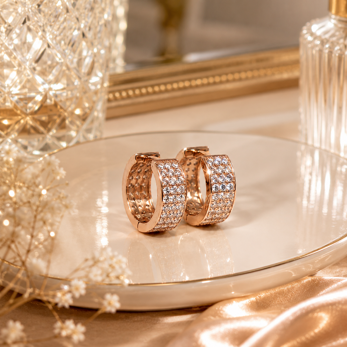 Silver Triple Row Pave Huggie Earrings