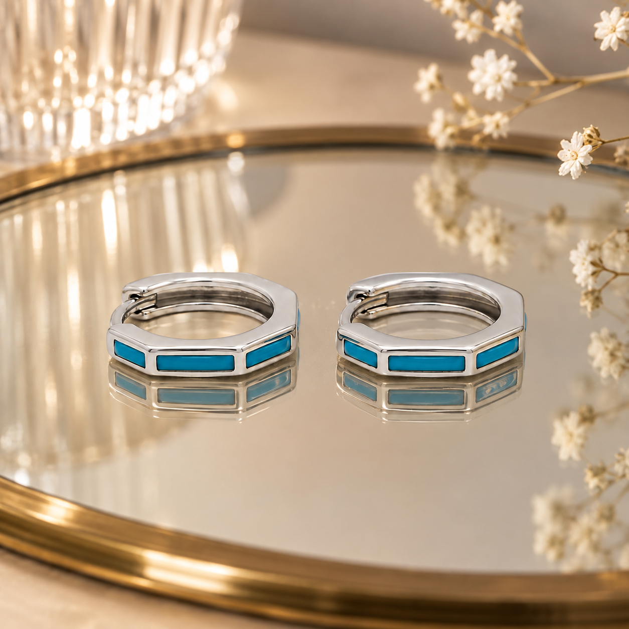 Silver Turquoise Enamel Huggie Earrings_03