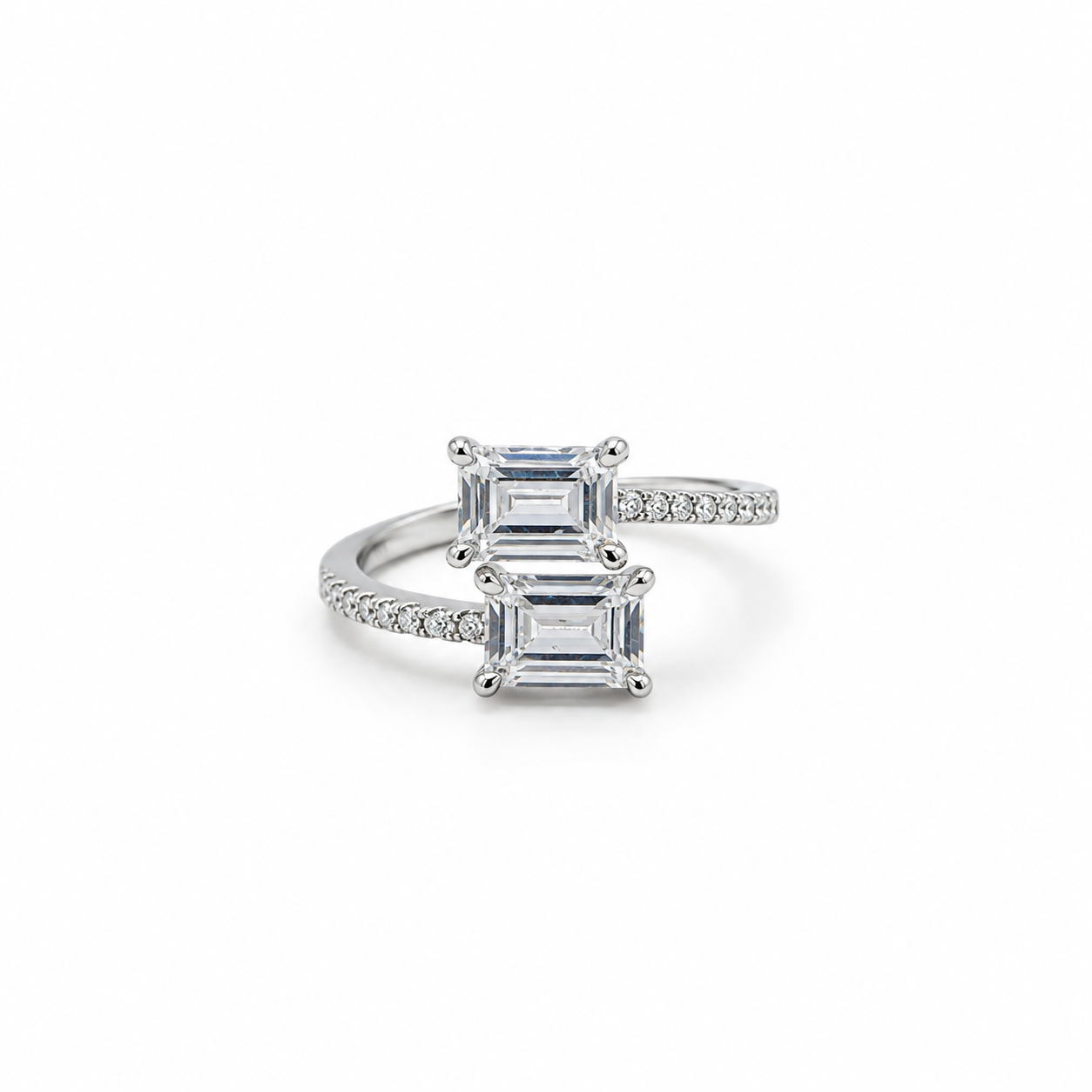 Silver Twin Emerald Cut Bypass Ring