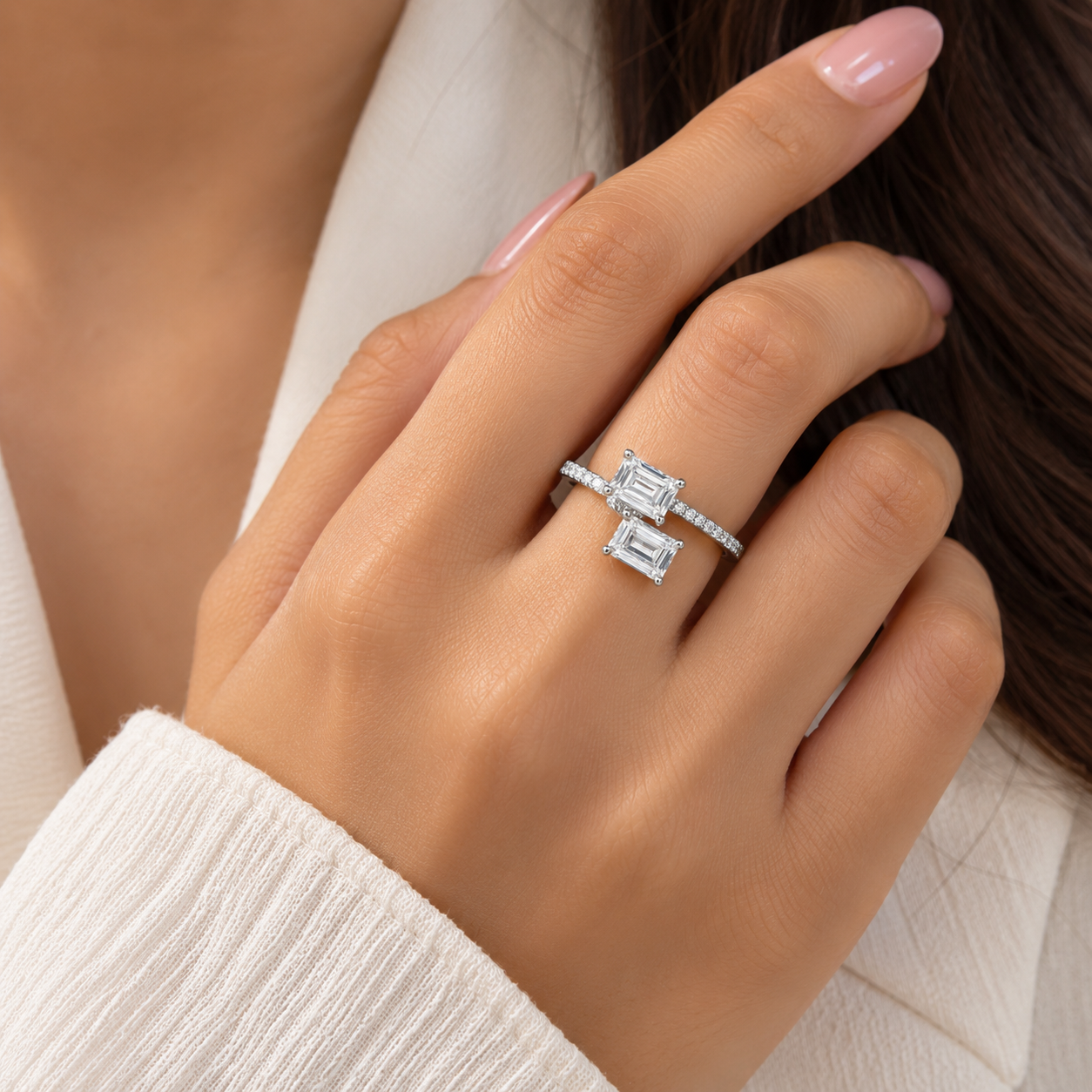 Silver Twin Emerald Cut Bypass Ring