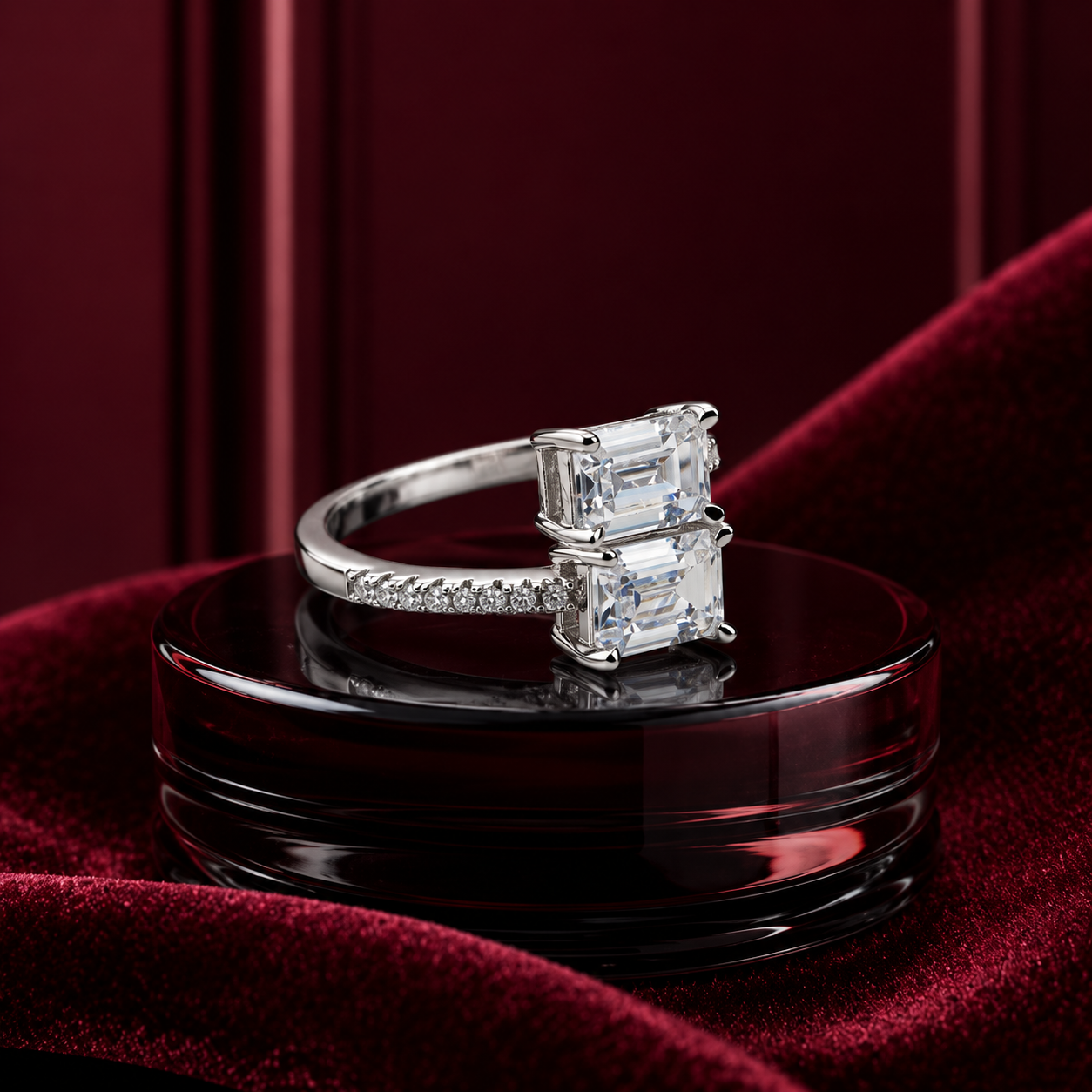 Silver Twin Emerald Cut Bypass Ring