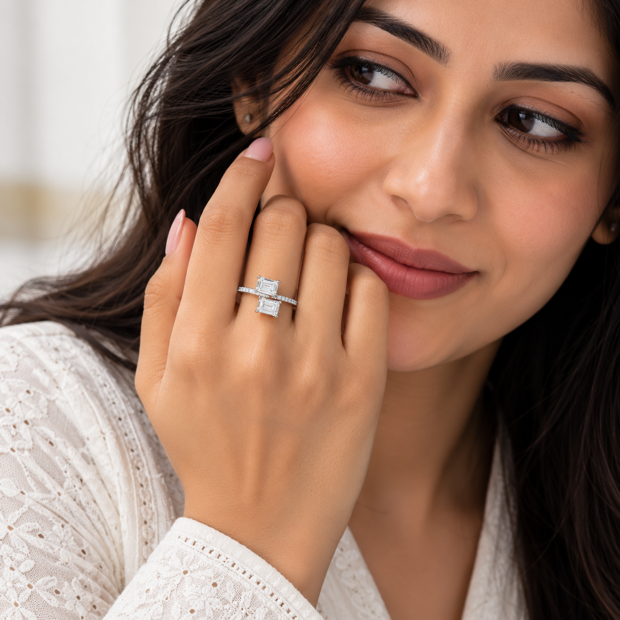 Silver Twin Emerald Cut Bypass Ring