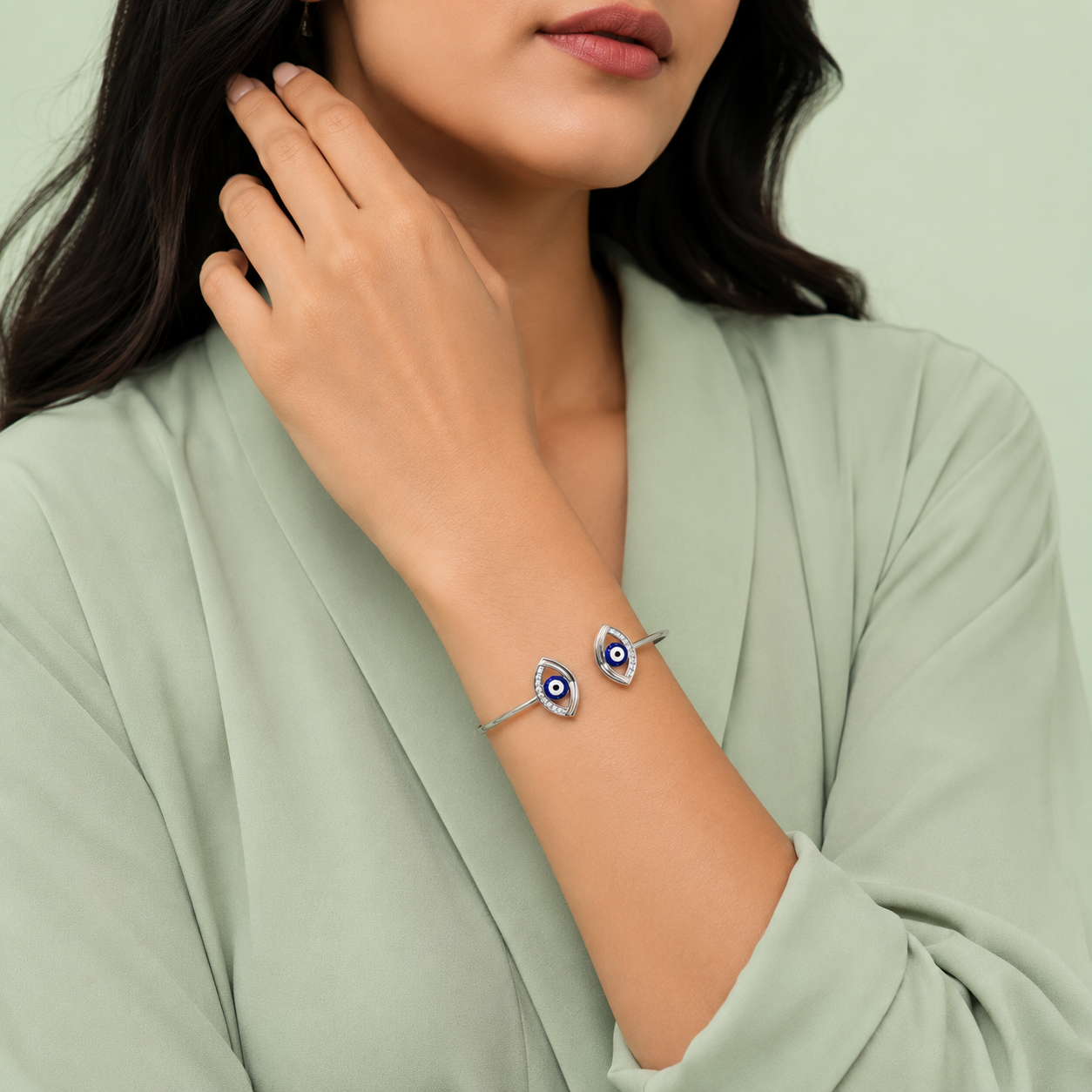 Silver Twin Evil Eye Marquise Cuff Bracelet