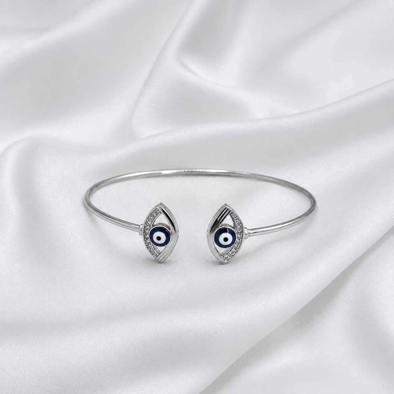 Silver Twin Evil Eye Marquise Cuff Bracelet