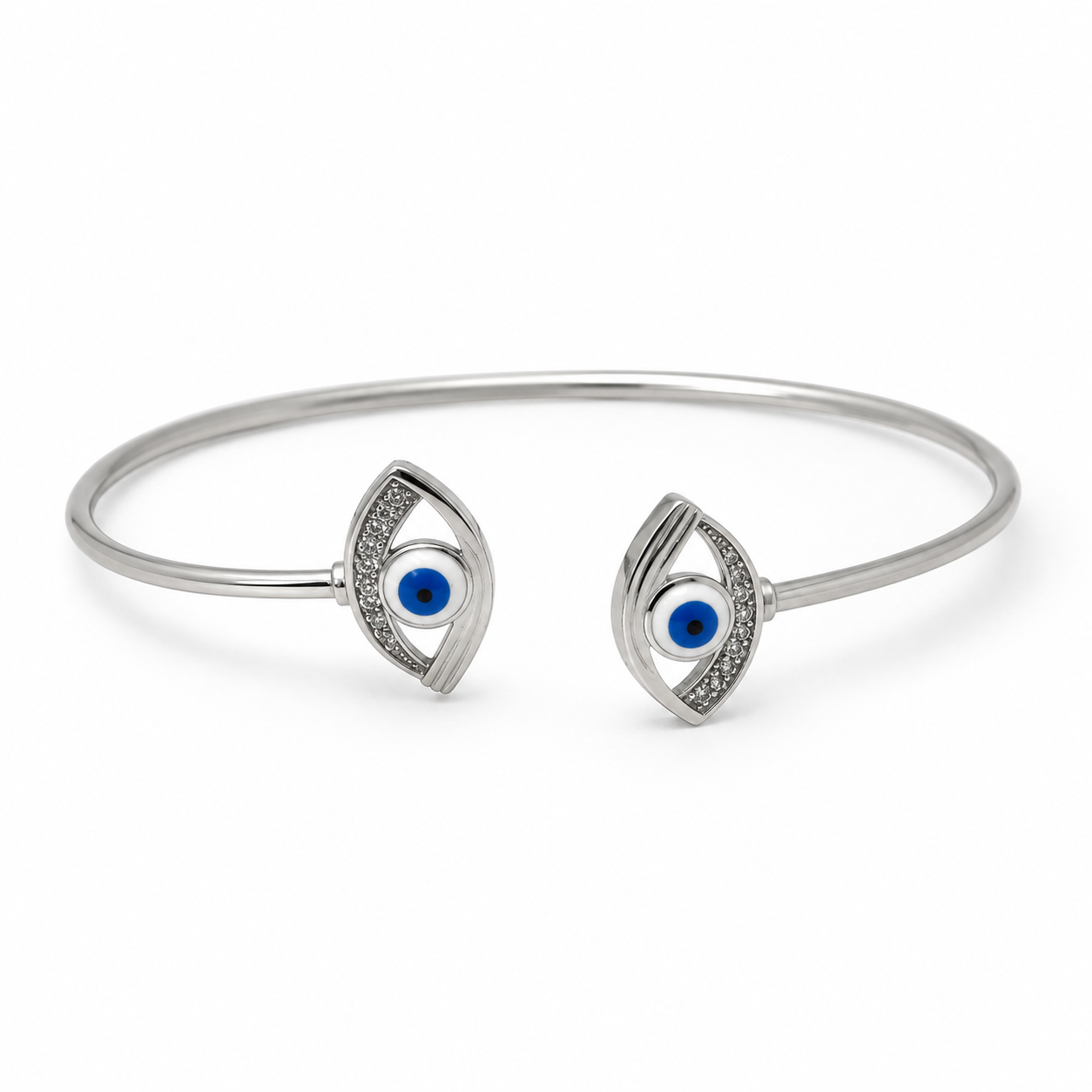 Silver Twin Evil Eye Wire Cuff Bracelet
