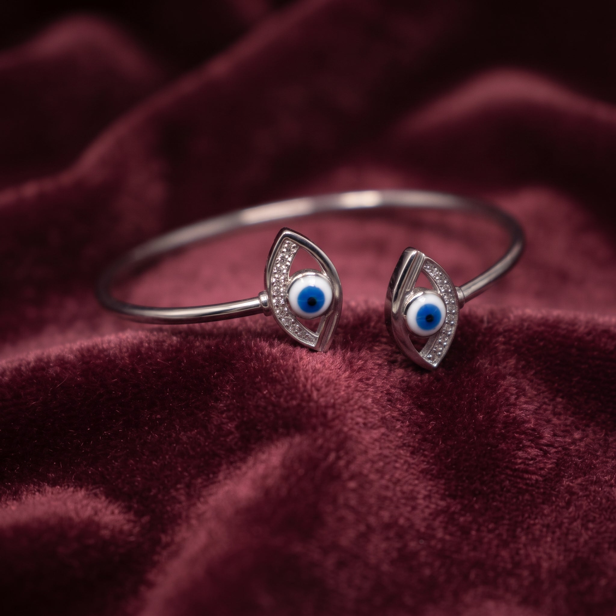 Silver Twin Evil Eye Wire Cuff Bracelet