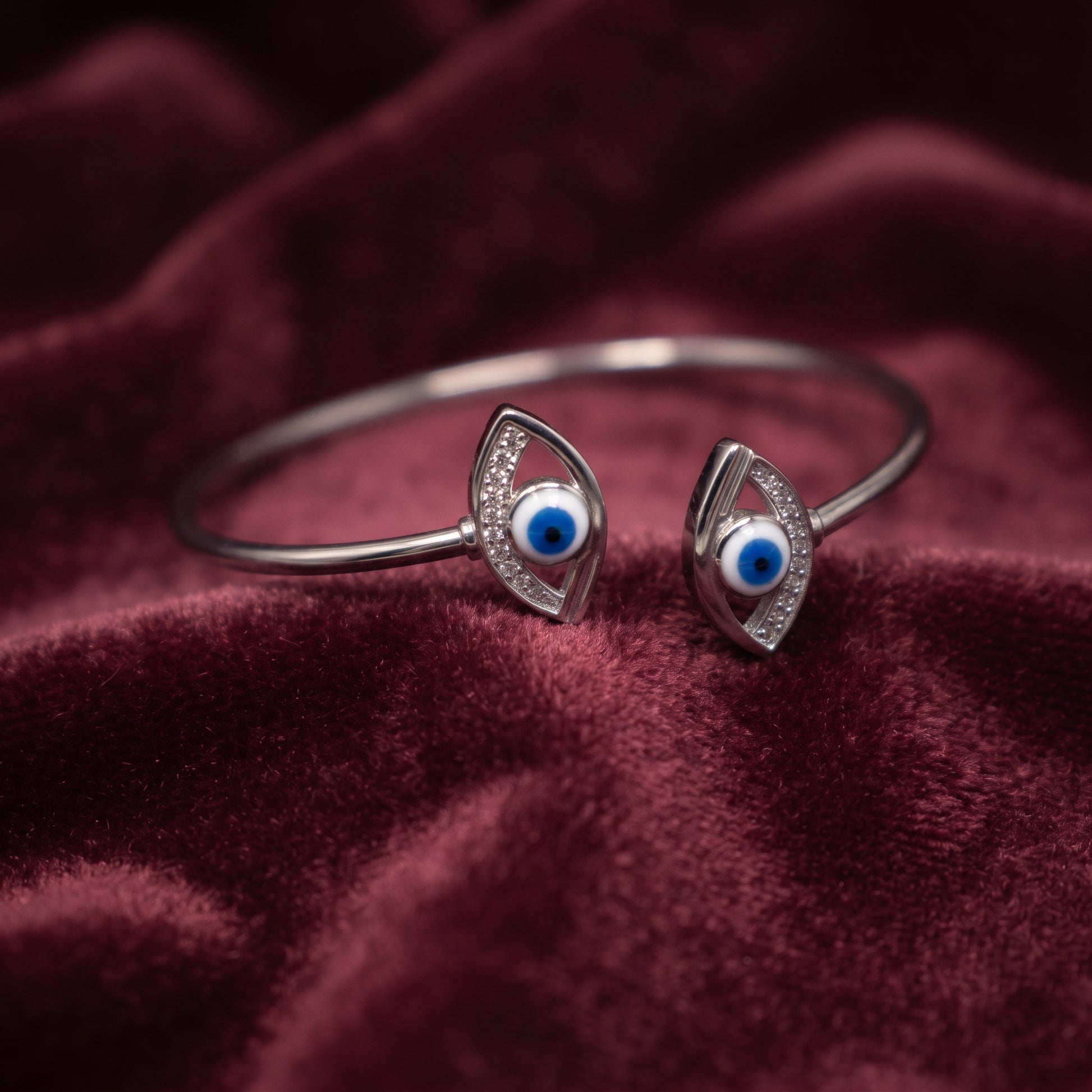 Silver Twin Evil Eye Wire Cuff Bracelet
