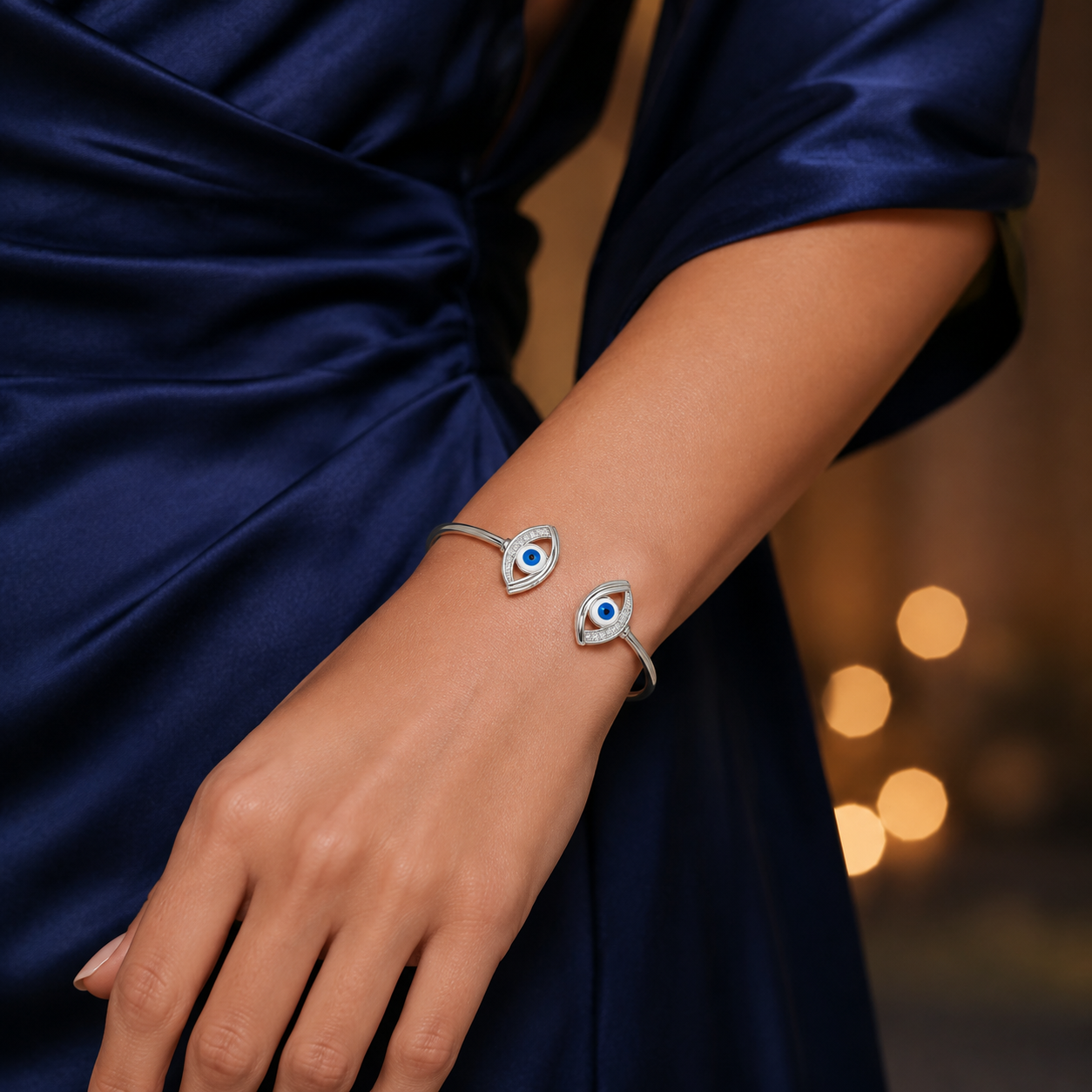 Silver Twin Evil Eye Wire Cuff Bracelet