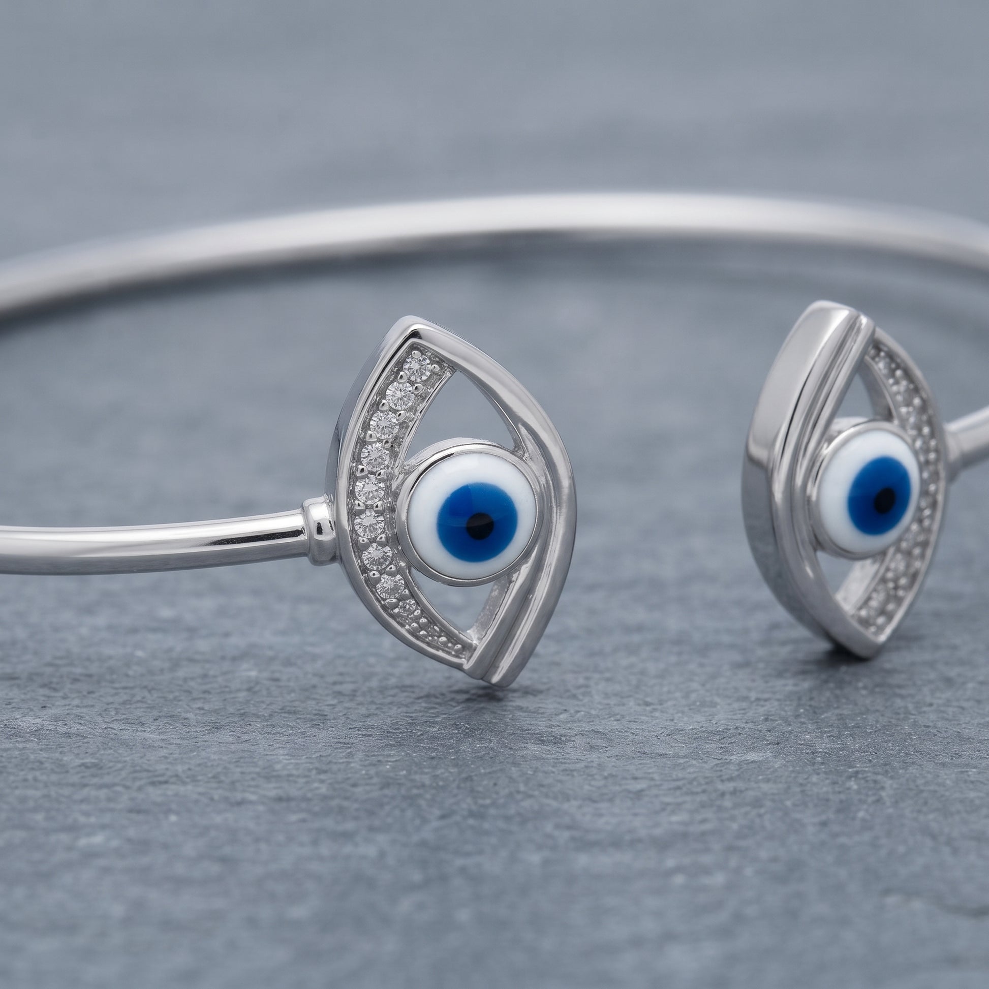 Silver Twin Evil Eye Wire Cuff Bracelet