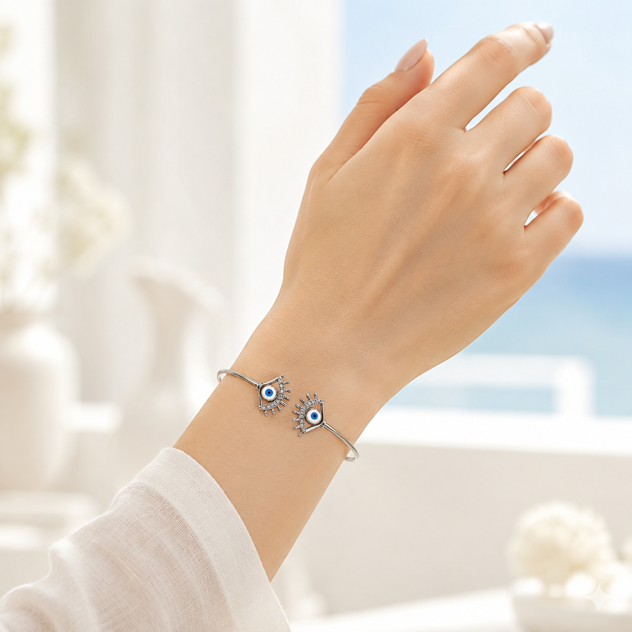 Silver Twin Lash Evil Eye Cuff Bracelet
