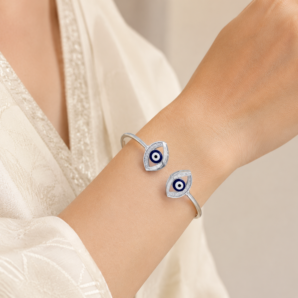 Silver Twin Navy Evil Eye Cuff Bracelet