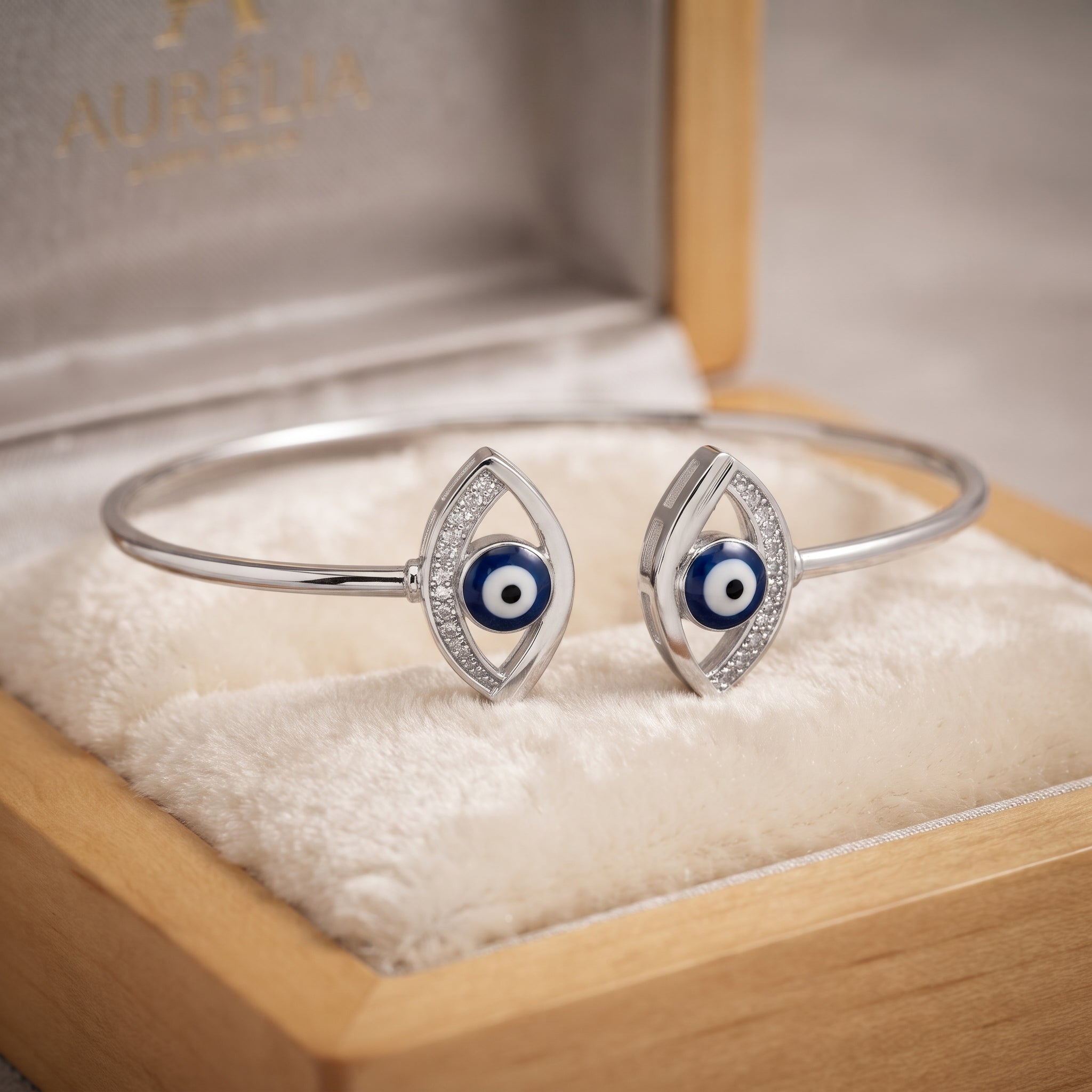 Silver Twin Navy Evil Eye Cuff Bracelet