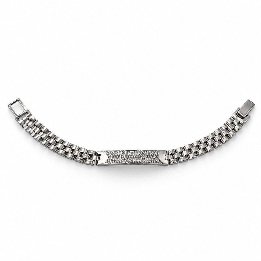 Silver Watch Link Pave ID Mens Bracelet