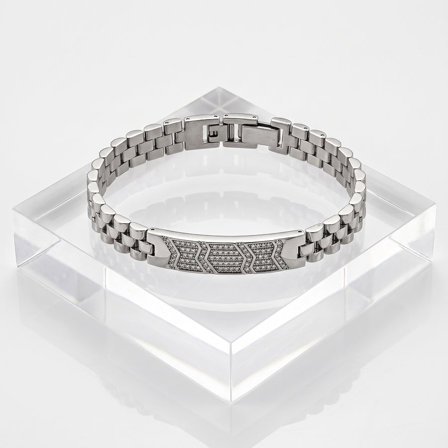 Silver Watch Link Pave ID Mens Bracelet