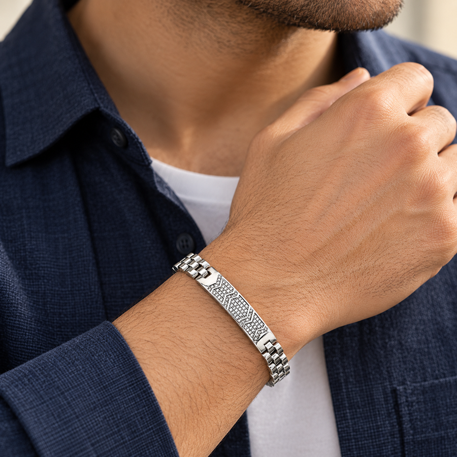 Silver Watch Link Pave ID Mens Bracelet