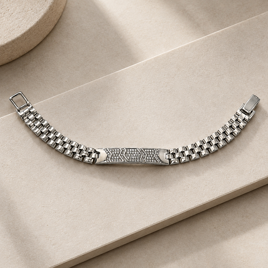 Silver Watch Link Pave ID Mens Bracelet