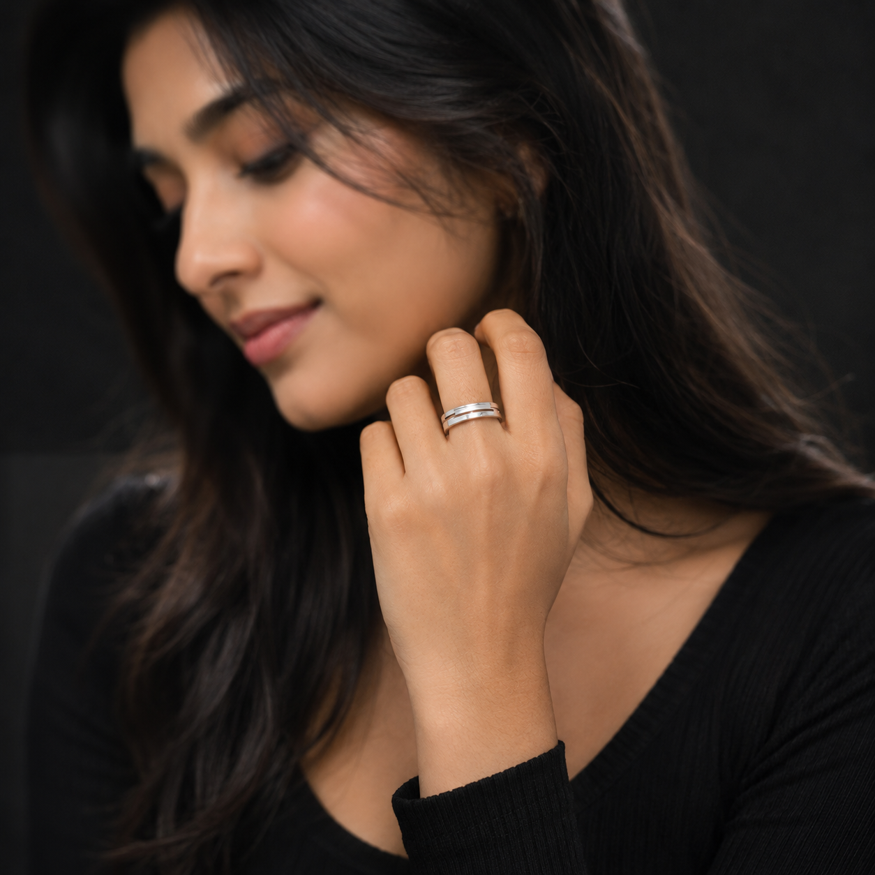 Silver White Inlay Wide Band Ring