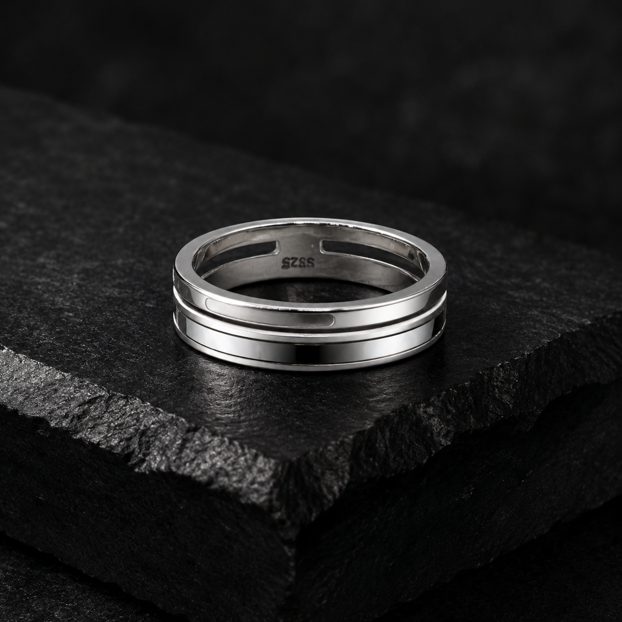 Silver White Inlay Wide Band Ring