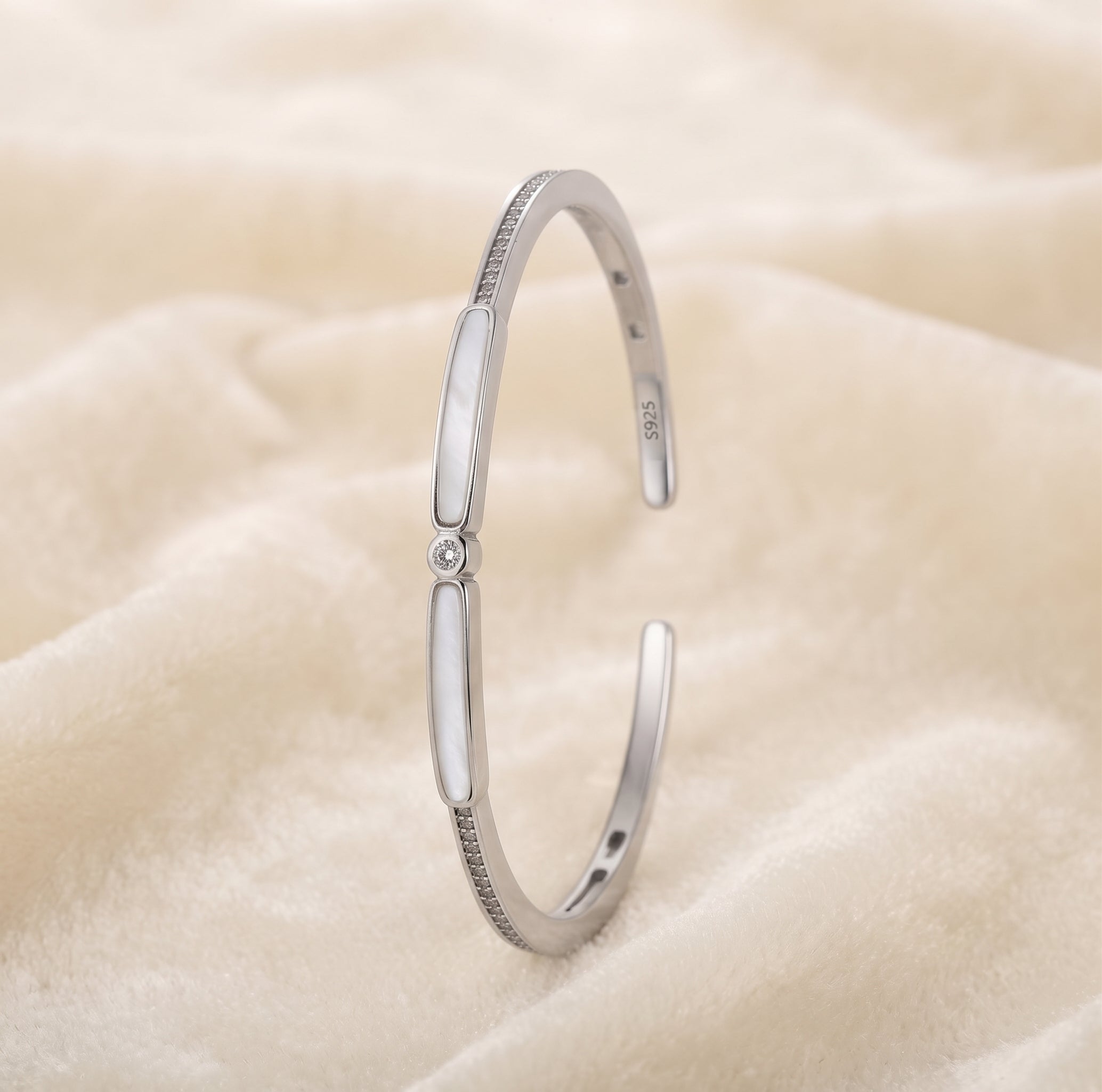 Silver Wide Mother of Pearl Bar Cuff Bracelet