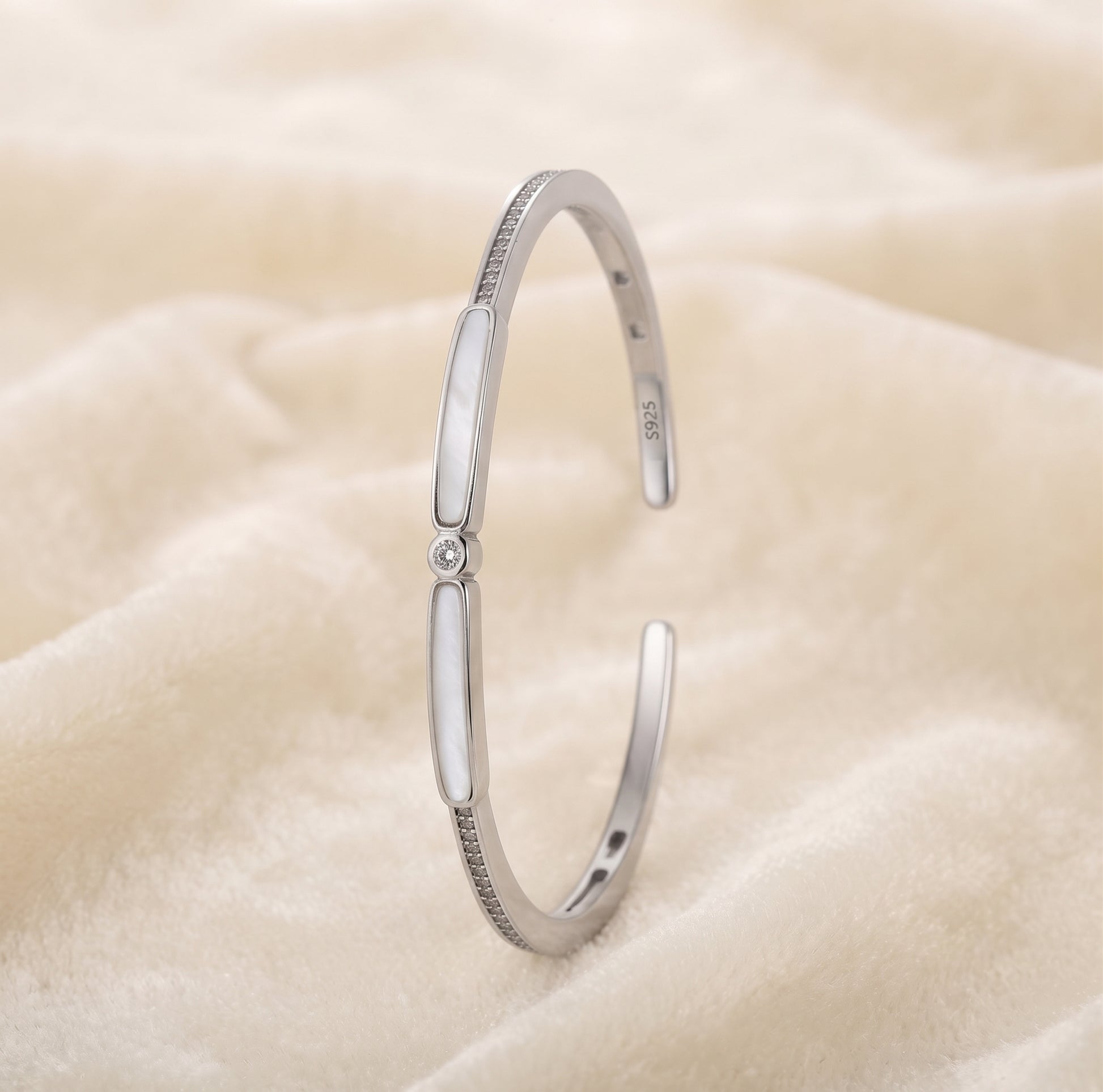 Silver Wide Mother of Pearl Bar Cuff Bracelet