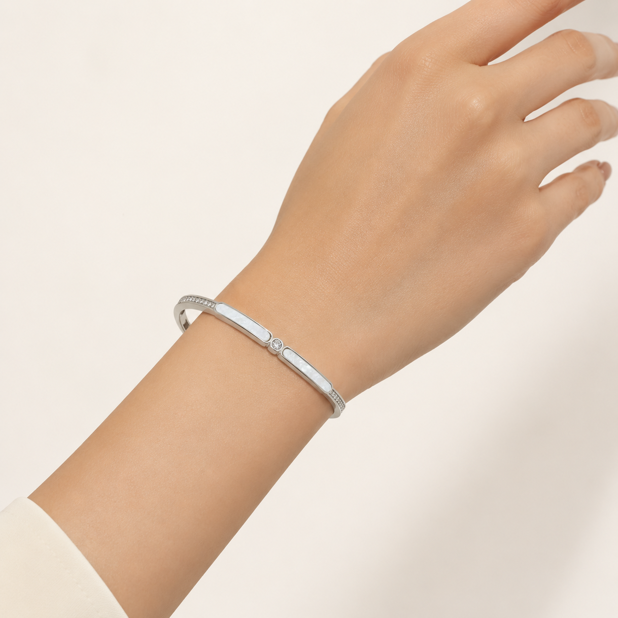 Silver Wide Mother of Pearl Bar Cuff Bracelet