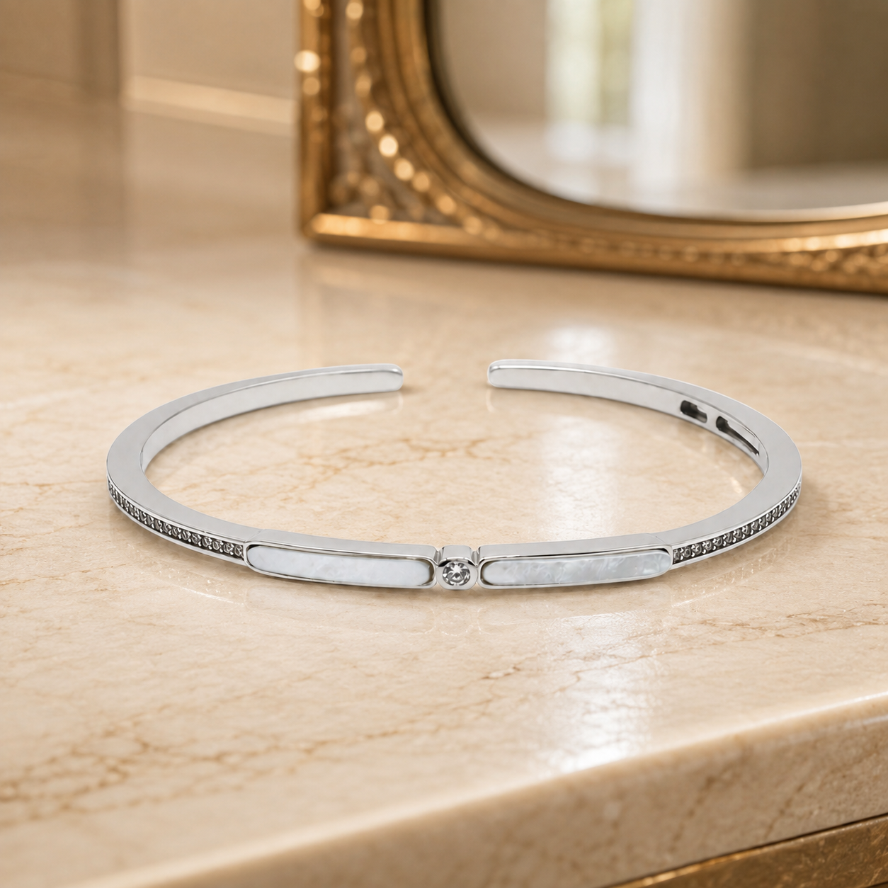 Silver Wide Mother of Pearl Bar Cuff Bracelet