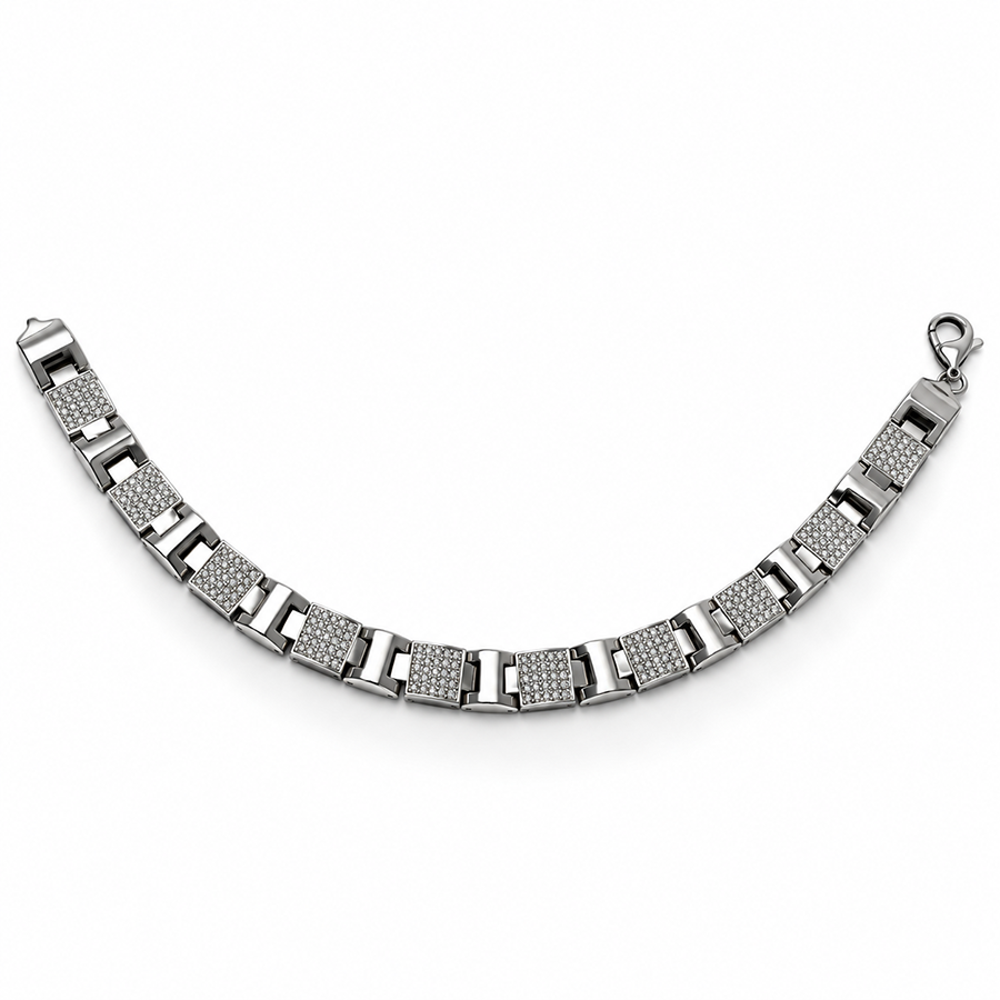 Silver Wide Pave Plate Mens Bracelet