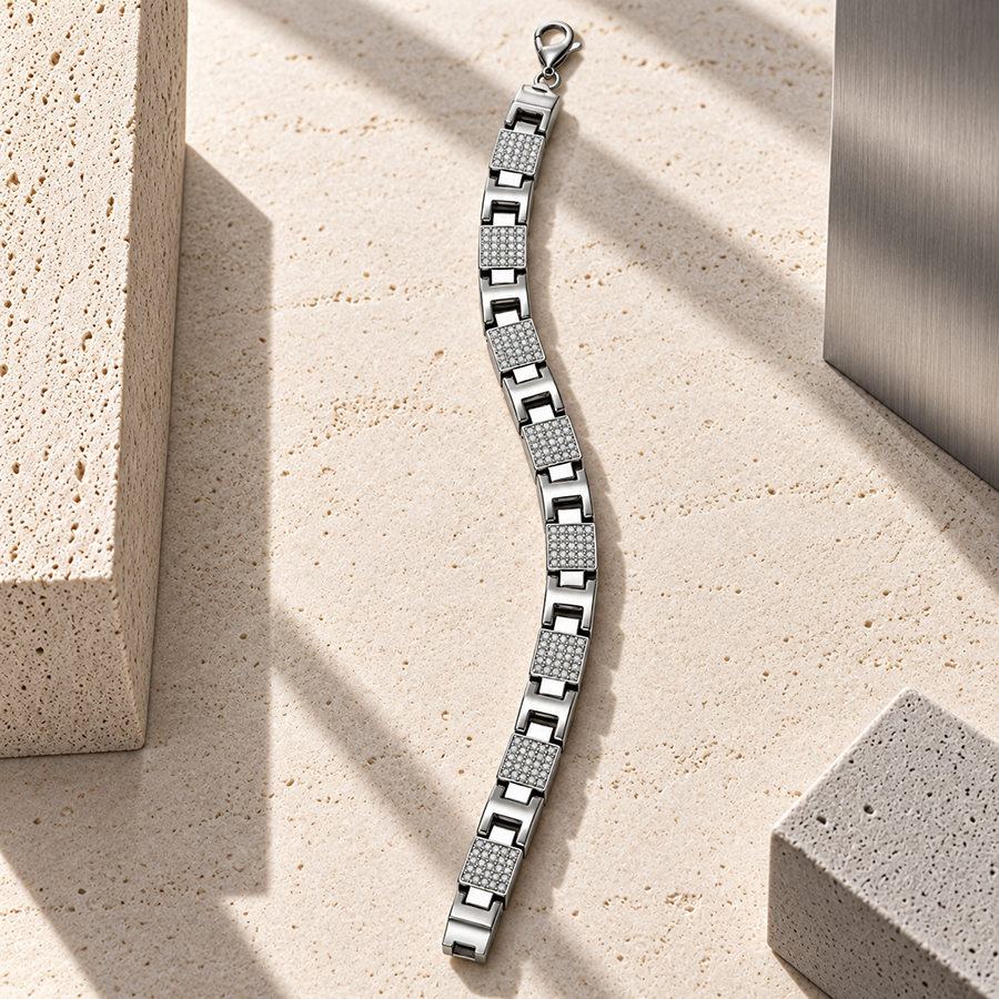 Silver Wide Pave Plate Mens Bracelet