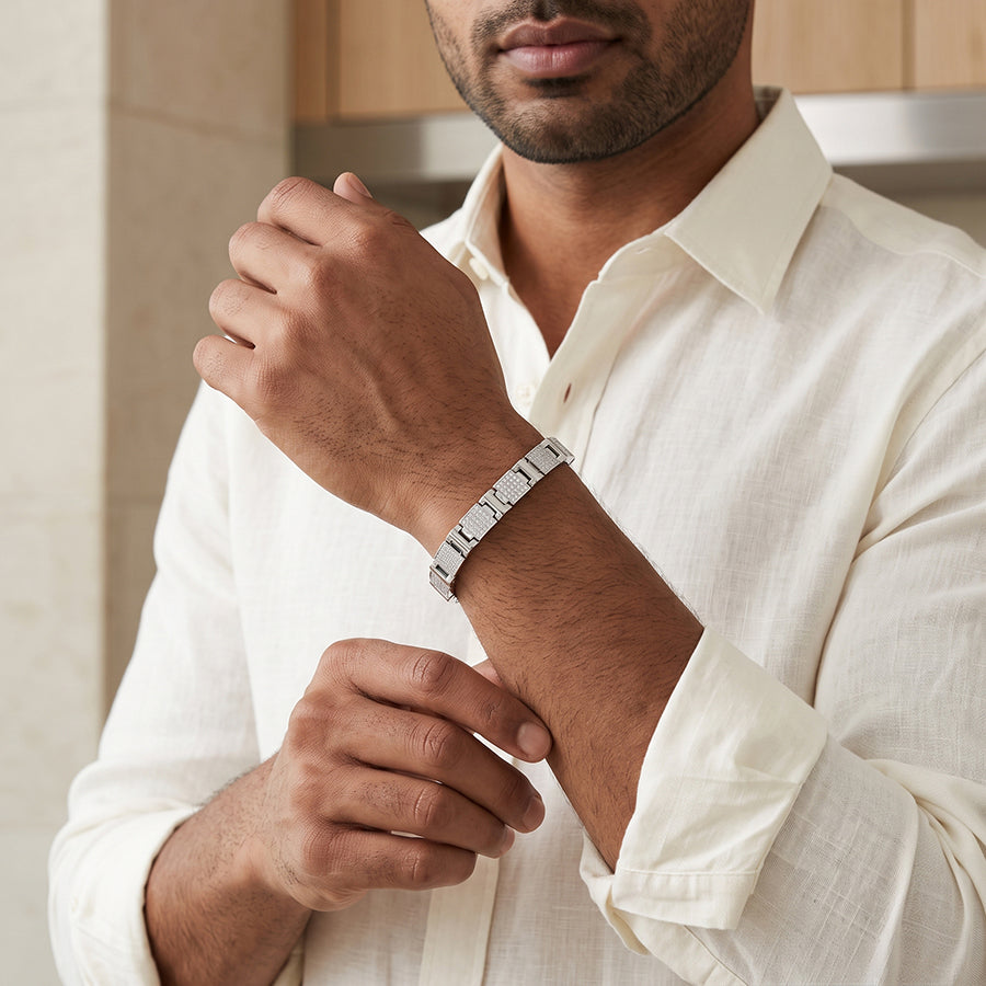 Silver Wide Pave Plate Mens Bracelet