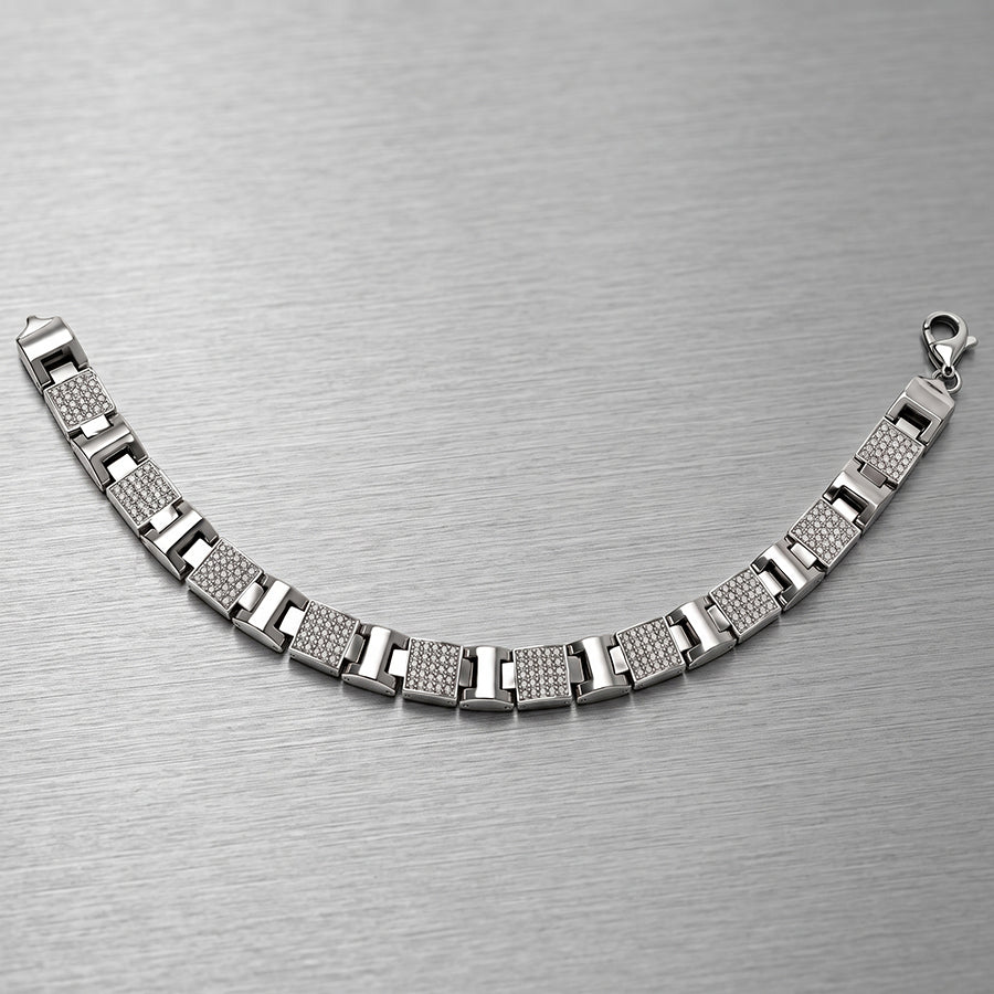 Silver Wide Pave Plate Mens Bracelet