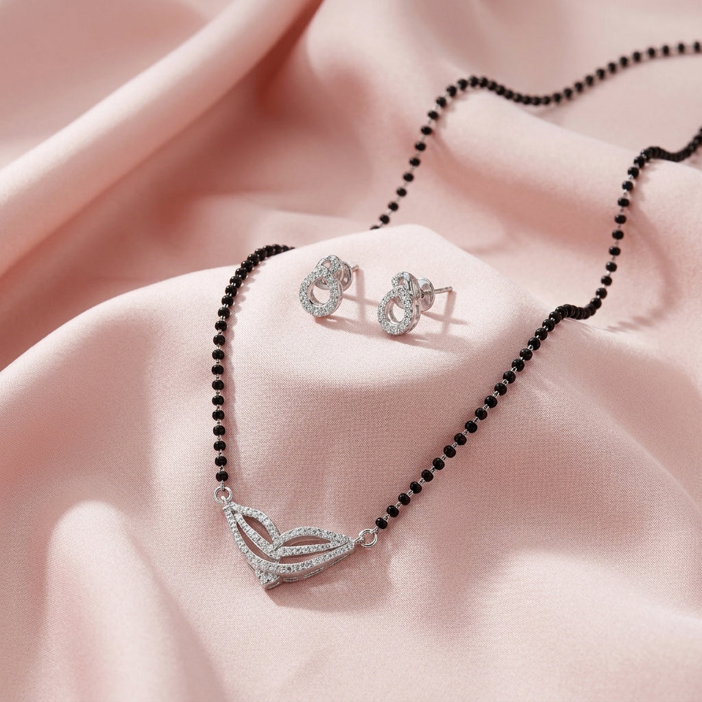 Silver Wing Leaf V Pendant Mangalsutra Set
