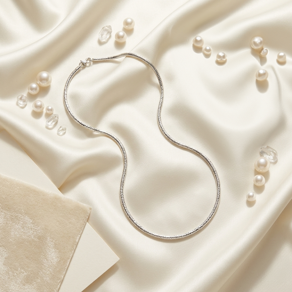Sparkling Diamond-Cut Thin Silver Chain gracefully laid out on smooth white silk fabric surrounded by pearls and clear crystals