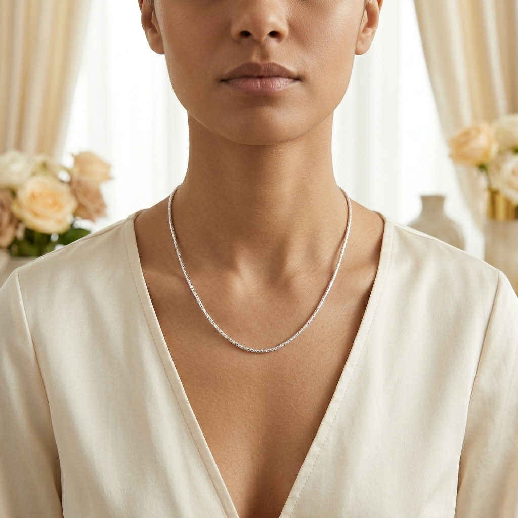 Frontal view of a woman wearing the Sparkling Diamond-Cut Thin Silver Chain resting elegantly on her collarbone