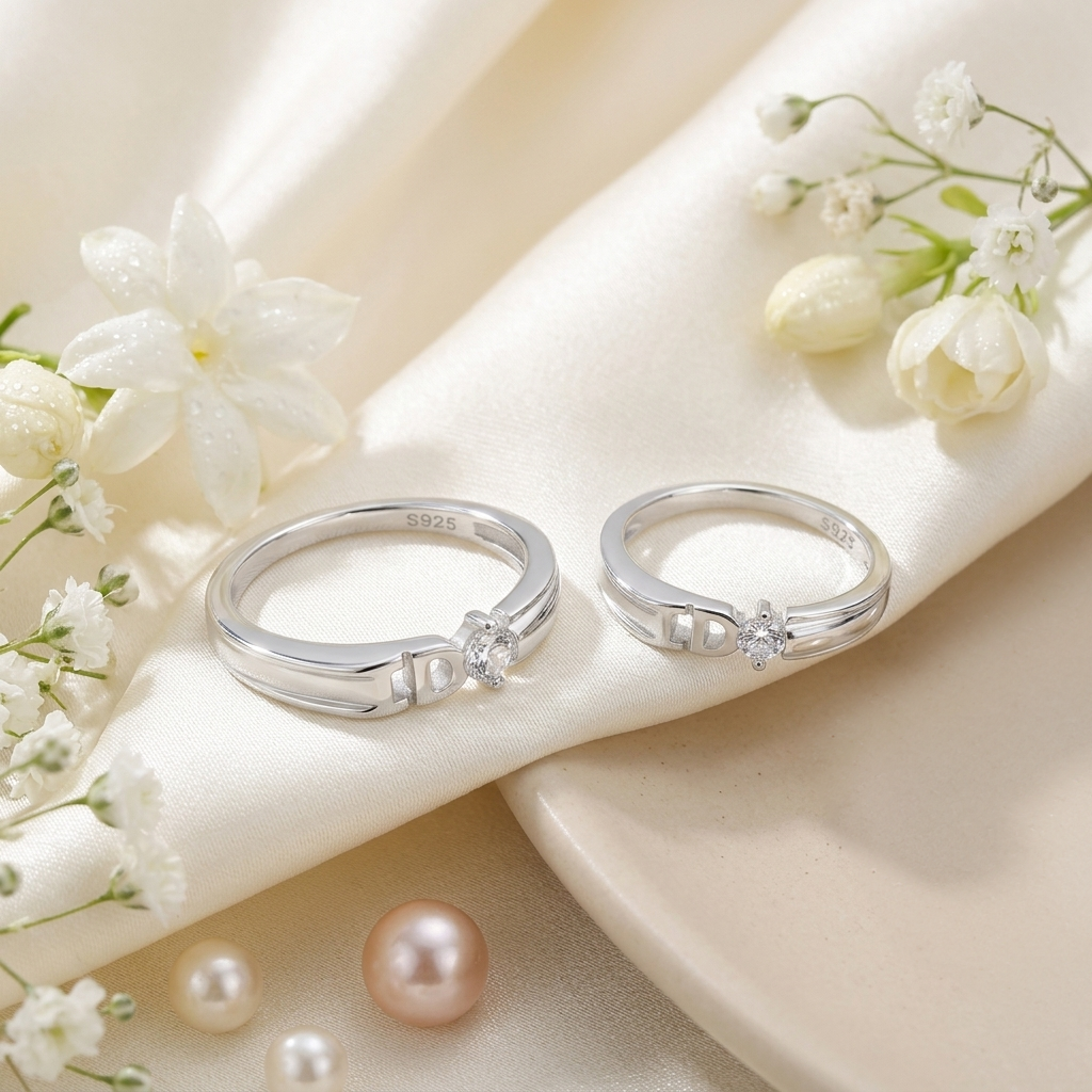Sparkling Silver Round Solitaire Couple Rings displayed elegantly on a cream satin fabric with delicate white flowers and pearls