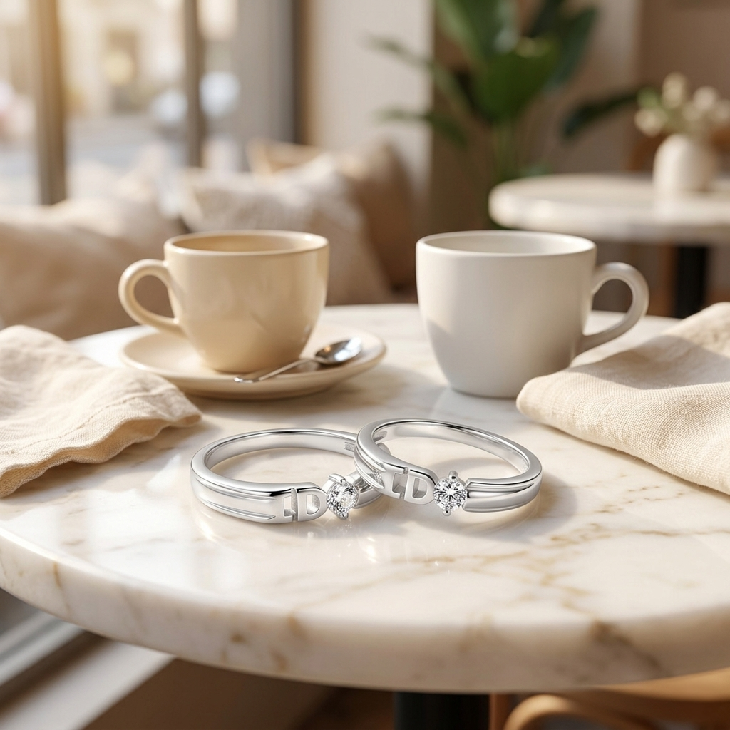 Matching Sparkling Silver Round Solitaire Couple Rings placed on a marble cafe table beside two ceramic coffee cups