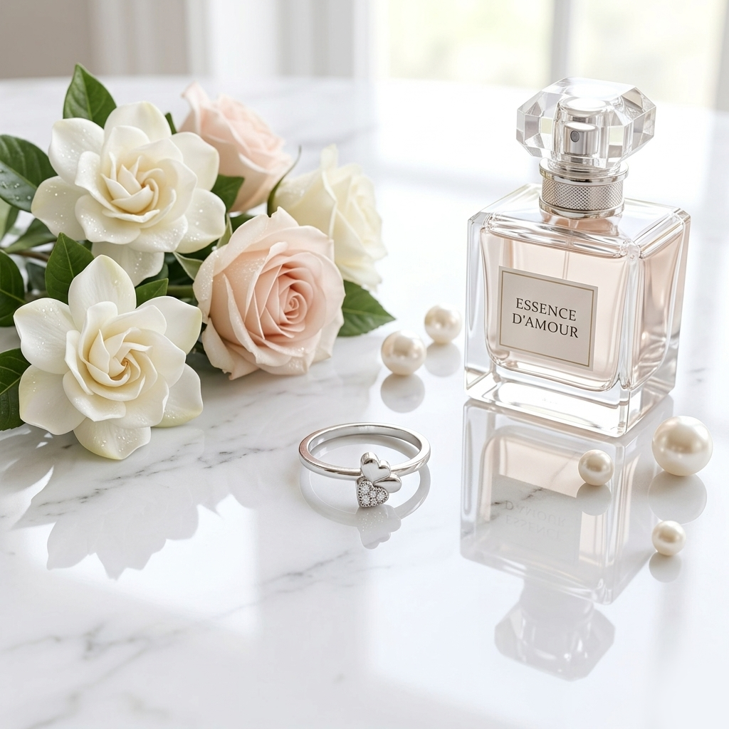 Sparkling Twin Heart Silver Ring displayed on a white marble surface beside white gardenias, pink roses, pearls, and a perfume bottle.