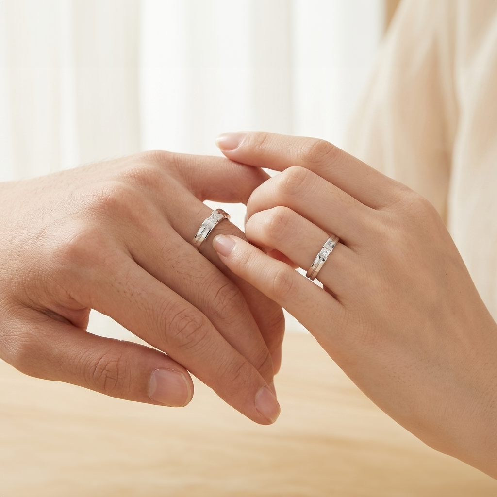 A couple holding hands, both wearing the matching Square Solitaire Silver Couple Bands on their ring fingers.
