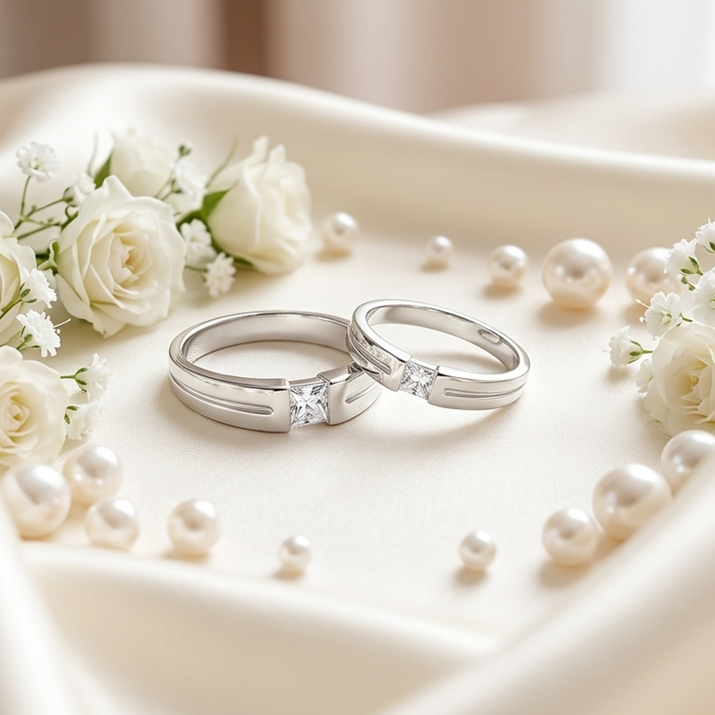 Matching Square Solitaire Silver Couple Bands displayed beautifully on a silk cloth surrounded by white roses and pearls.