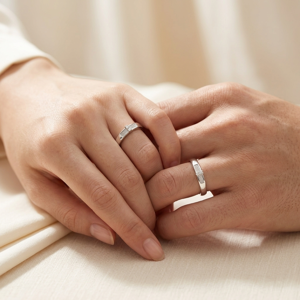 Close-up of a couple's hands gently clasped together, both wearing Sterling Silver Embellished Promise Couple Rings.