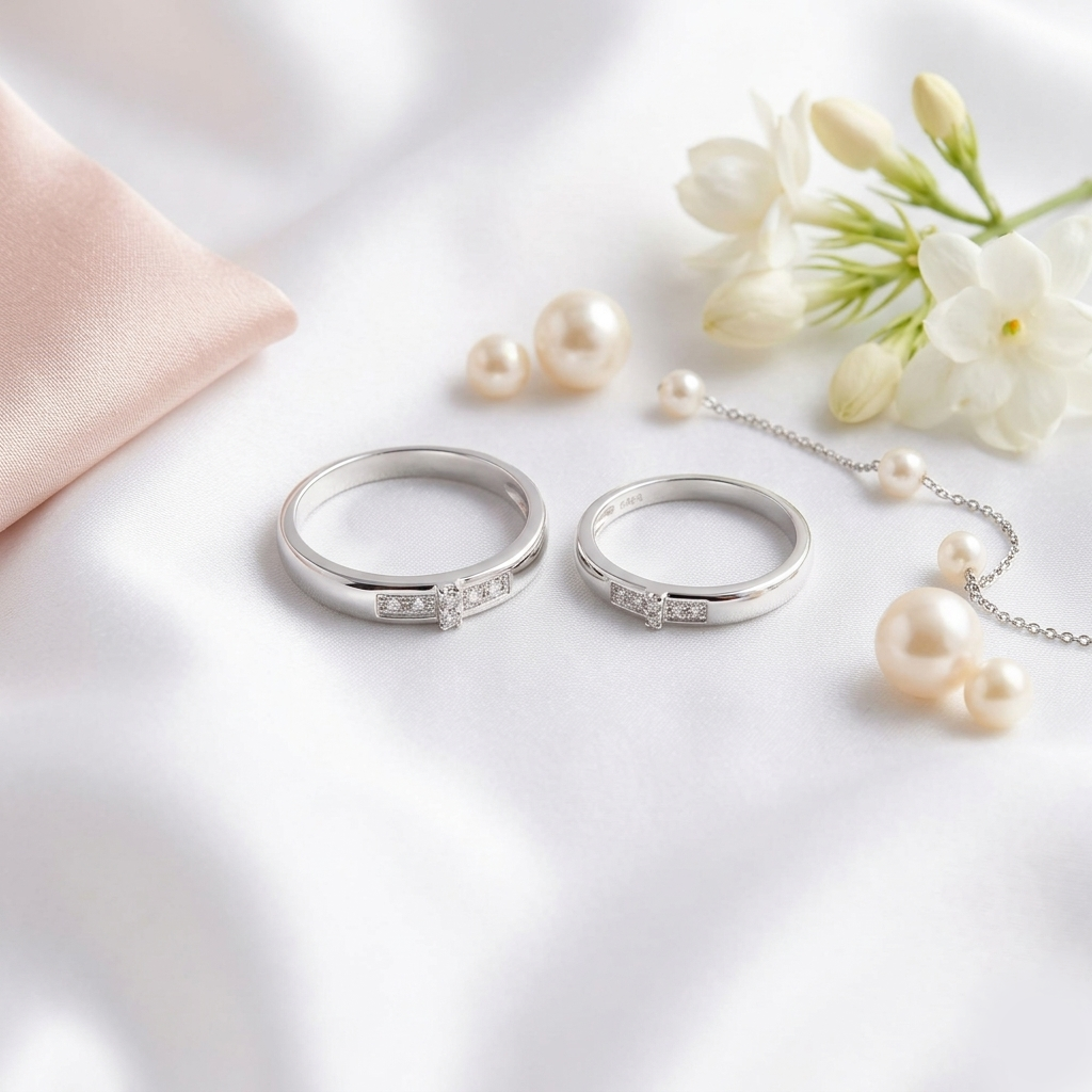 Sterling Silver Embellished Promise Couple Rings beautifully arranged on white satin alongside delicate white jasmine flowers and a delicate pearl chain.