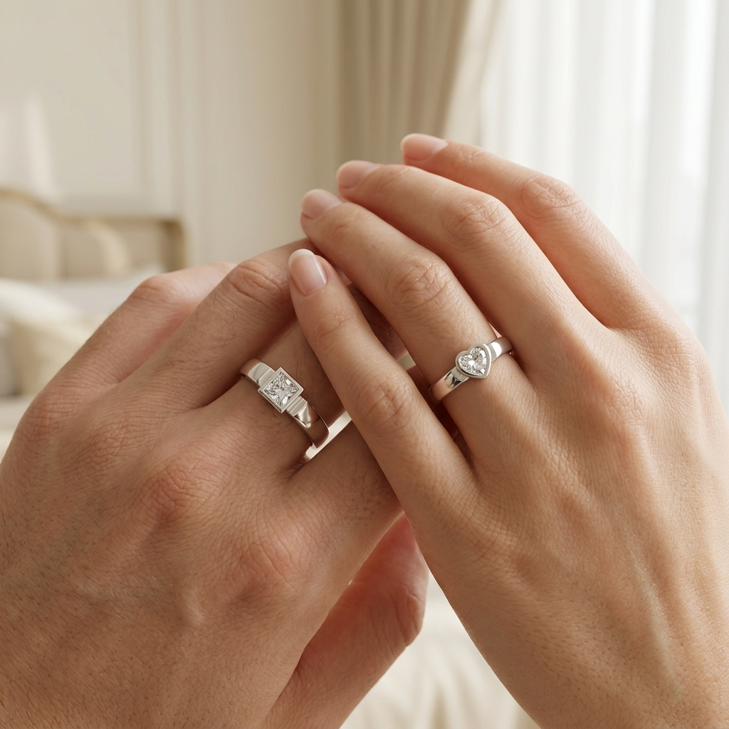 Hands wearing matching sterling silver couple rings, showing a square-cut stone and a heart-shaped stone