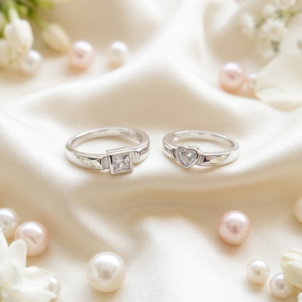 Close-up of heart and square silver promise rings laid gracefully on luxurious white silk fabric with pearls