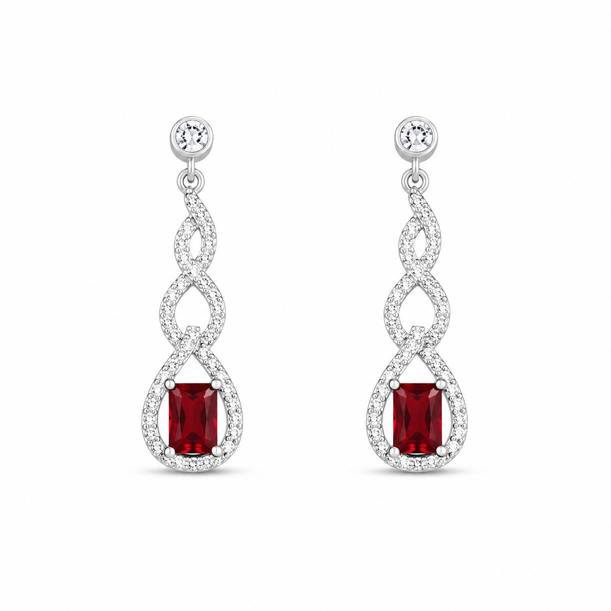 Front view of Sterling Silver Infinity Twist Red Gemstone Drop Earrings (Emerald Cut) with a pave infinity-style drop and red emerald-cut centre stone on a solid white background.