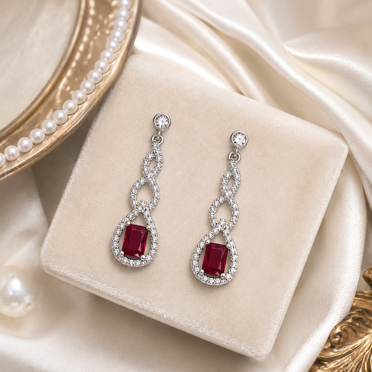A pair of Sterling Silver Infinity Twist Red Gemstone Drop Earrings (Emerald Cut) displayed elegantly on a beige velvet jewelry box.