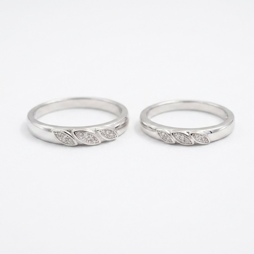 Matching Sterling Silver Triple Leaf Pave Couple Bands featuring a triple leaf pave motif on a white background