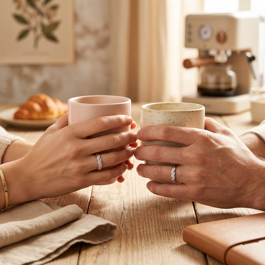 A couple wearing matching Sterling Silver Triple Leaf Pave Couple Bands holding coffee mugs