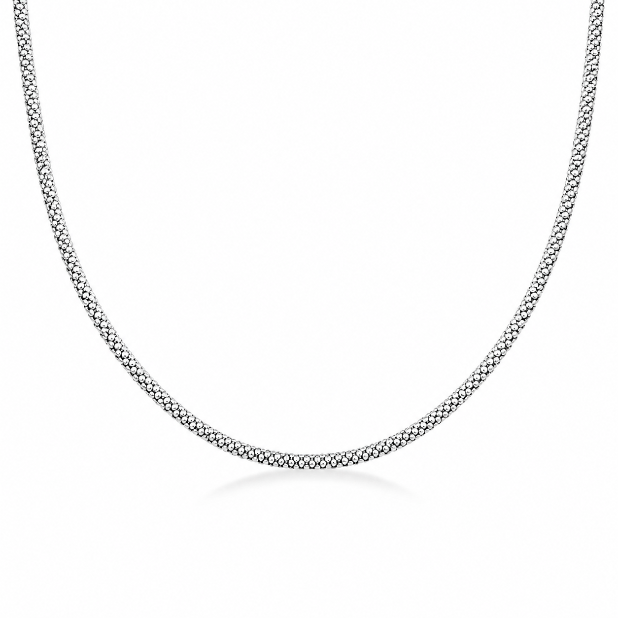 Close-up of the Textured Mesh Sterling Silver Chain showing the intricate woven beaded design on a white background.