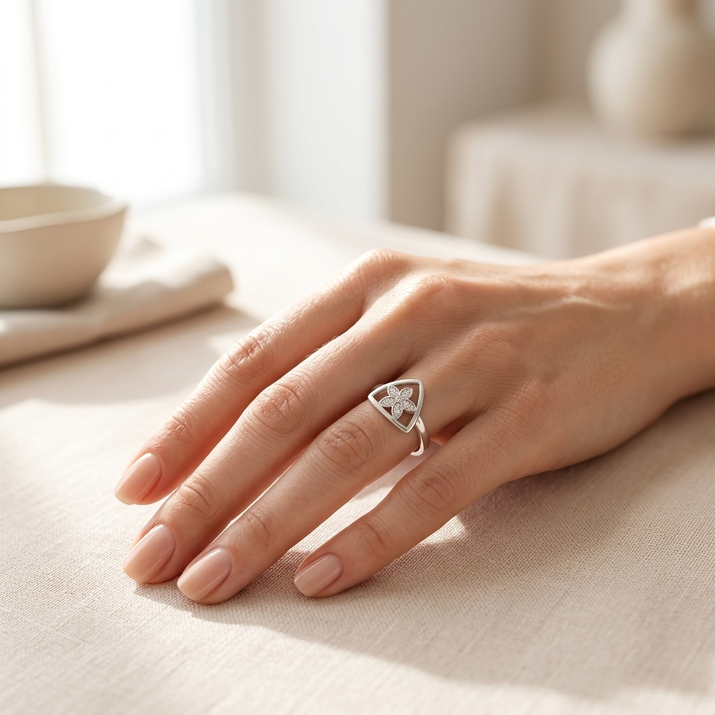 Woman's hand resting gracefully on a soft beige fabric, wearing the Triangular Silver Floral Ring.